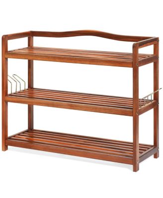 3-Tier Acacia Wood Shoe Rack with Side Metal Hooks