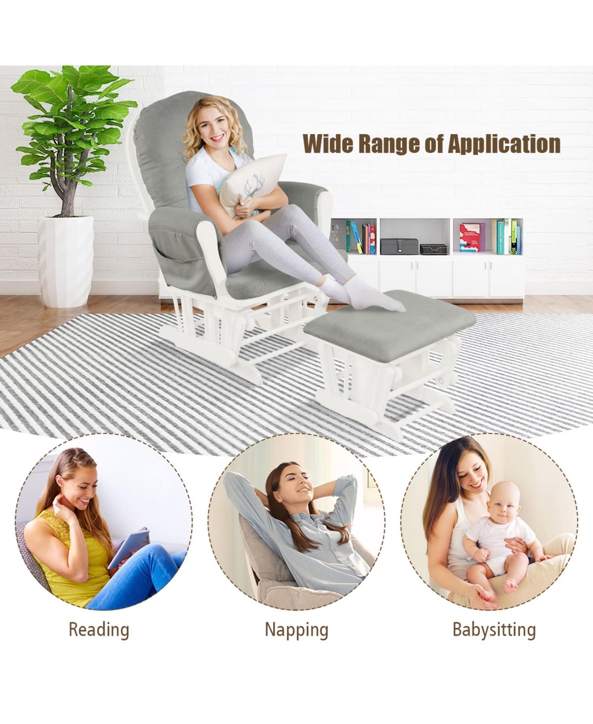 Gymax Baby Nursery Relax Rocker Rocking Chair Glider & Ottoman Set w/ Cushion -pastel grey
