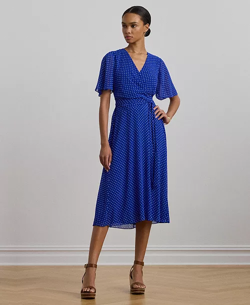 women's polka-dot belted crinkle georgette dress