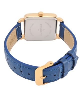 Women's 14K Gold Plated Square Dress Watch with European Crystals and Blue Leather Band