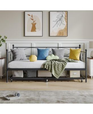 Twin Daybed with Trundle, Day Bed with Trundle Bed Twin, Twin Size Mattress Foundation with Steel Slat Support for Kids Teens Adults Living Room