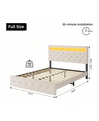 Full/Queen Size Bed Frame With LED Lights Headboard, LED Bed Frame With Fast-Charging USB Port, Upholstered Platform Bed Frame, No Box Spring Needed, Easy Assembly