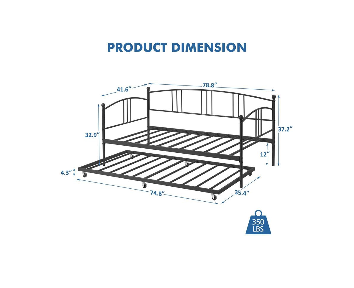 gaomon Daybed with Trundle, Metal Size Daybed with Pullout Trundle 6 Casters, Steel Slat Support Sofa Bed for Living Room, Bedroom, Guest Ro