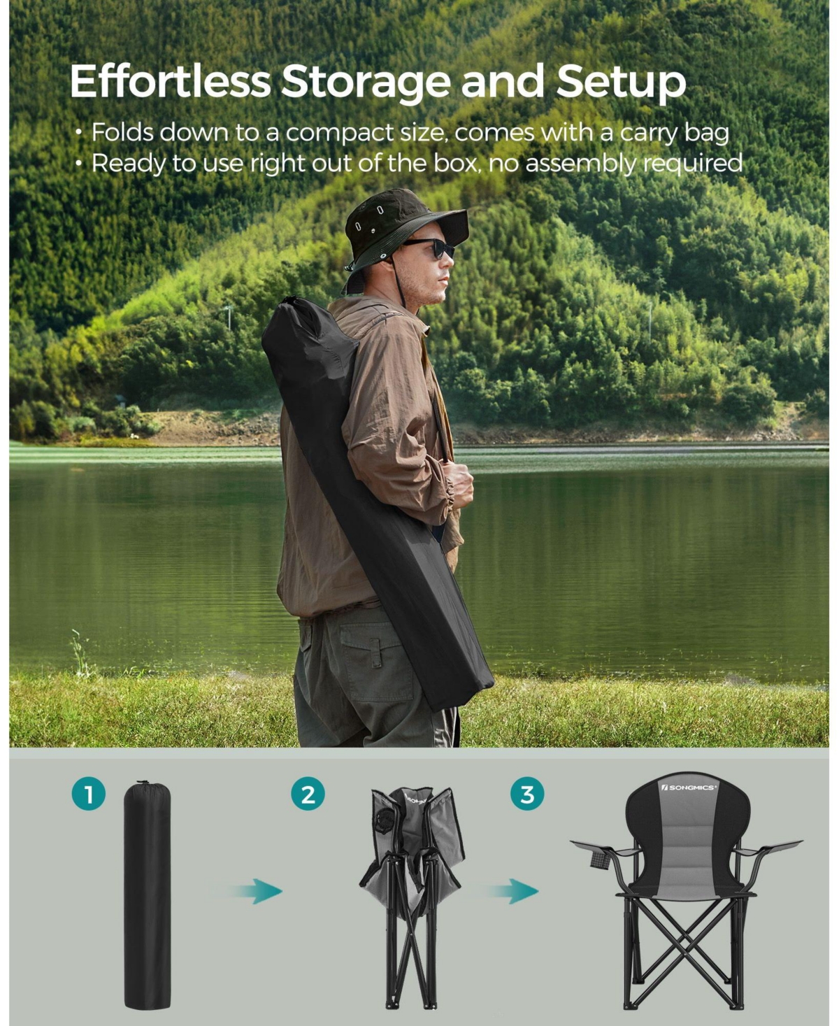 Slickblue Heavy Duty Folding Camping Chair with Comfortable Sponge Seat and Cup Holder - Black