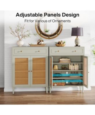 Shoe Cabinet with Doors and Drawer, Modern Shoe Storage Cabinet for Entryway, Rattan Wooden Shoe Organizer with Adjustable Shelf, Green