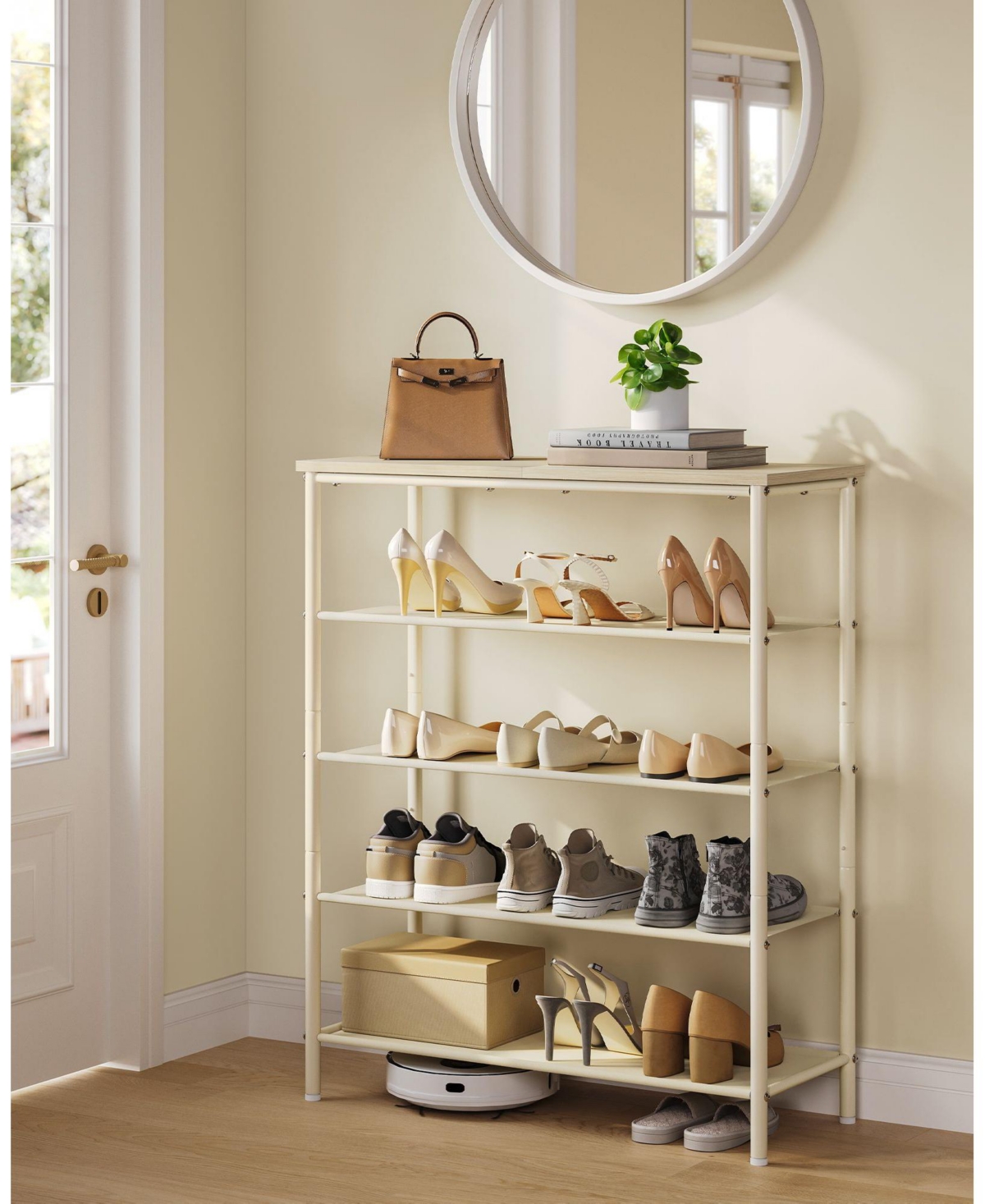 Slickblue Shoe Rack 5 Tier, Narrow Shoe Organizer For Closet Entryway, With 4 Fabric Shelves And Top For Bags