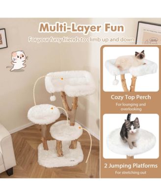 Solid Wood Cat Tree with Perch Natural Jute Scratching Posts Dangling Ball