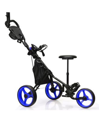 3-Wheel Foldable Golf Push Pull Cart Trolley w/ Seat Adjustable Handle