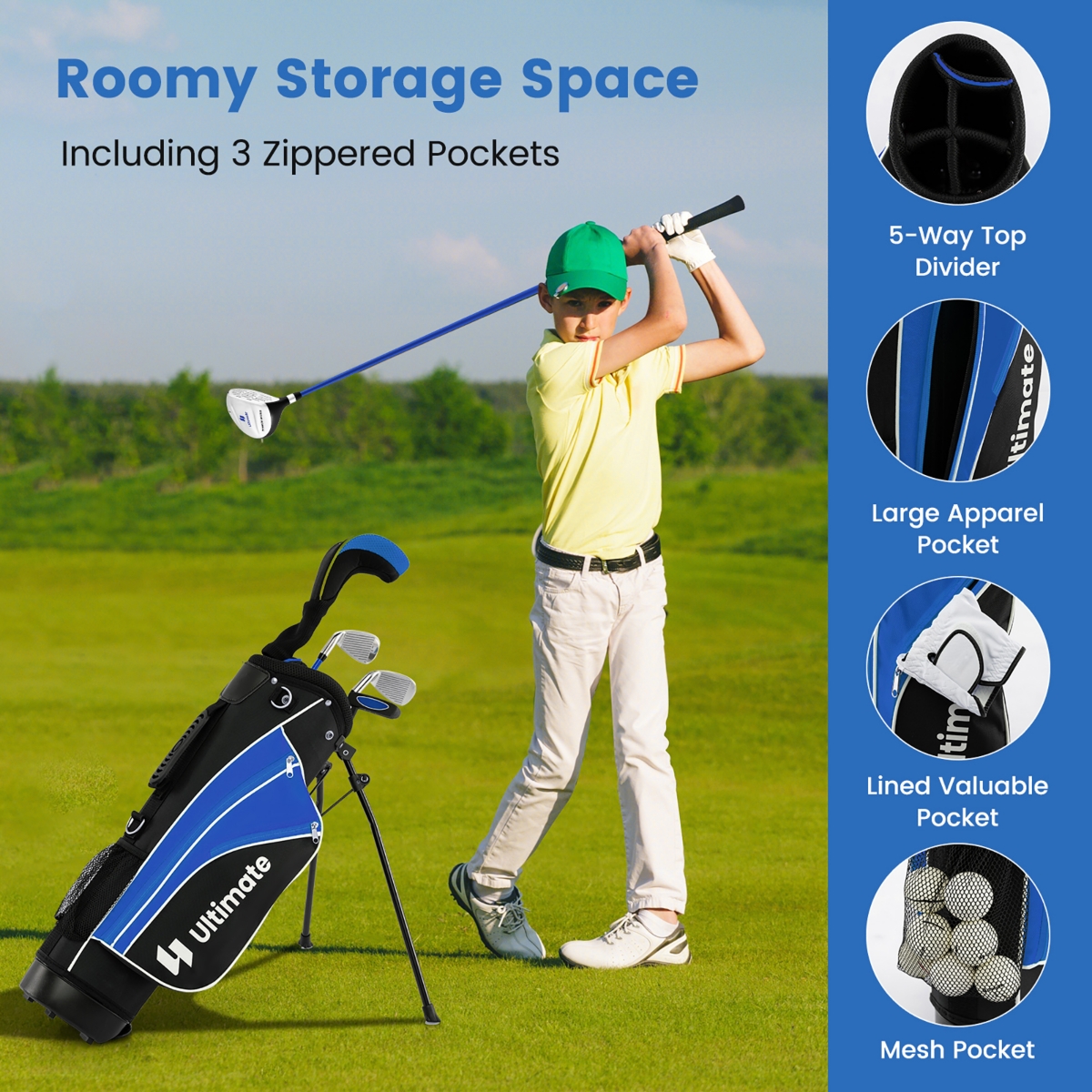 Gymax 31'' Portable Junior Complete Golf Club Set for Kid Age 8+ Set of 5 - Blue+black