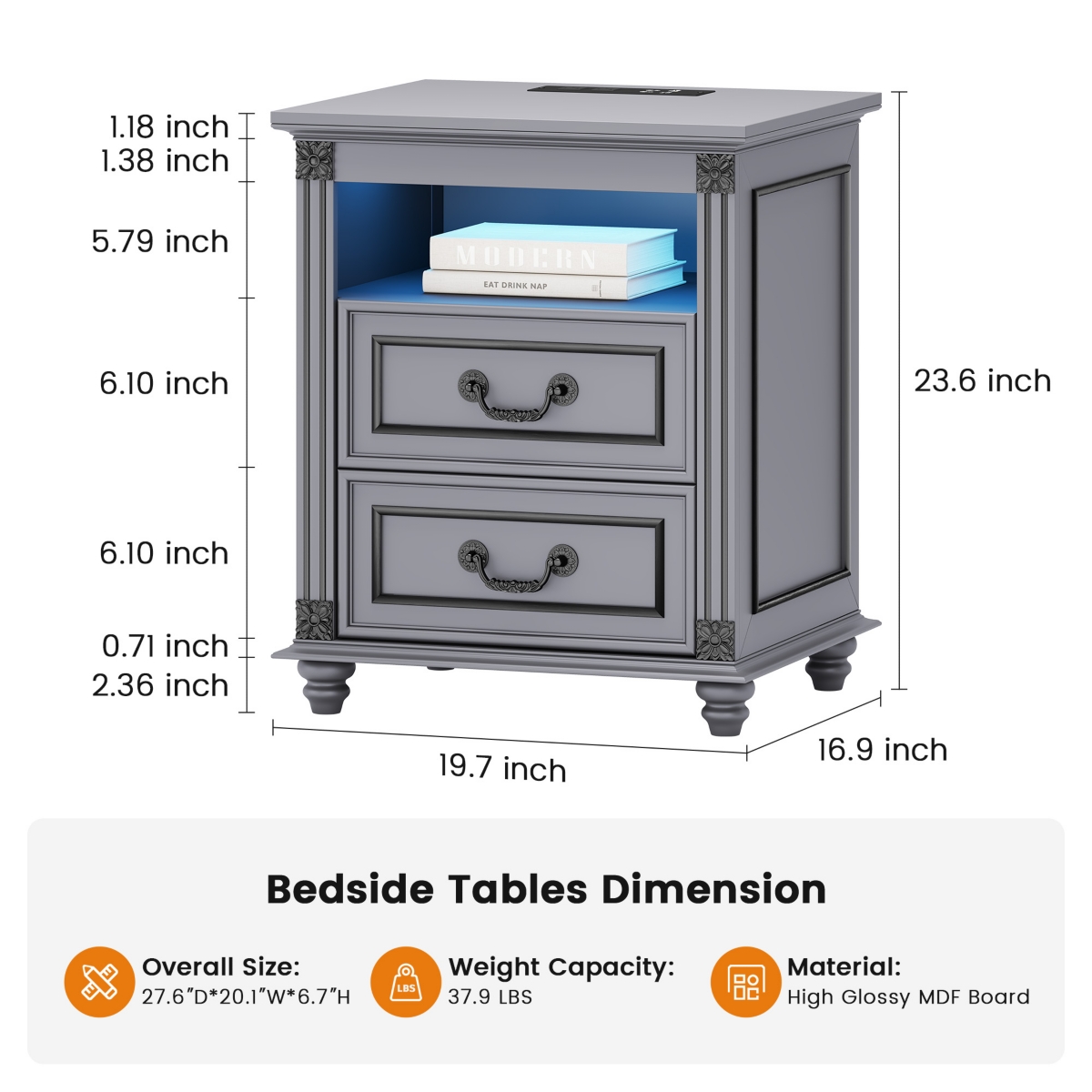 Vlsrka Night Stand with Power Outlets and Usb Ports, Nightstand with 3 Color Led Lights, Side Table with 2 Drawers Storage, Bedside End Table with 4