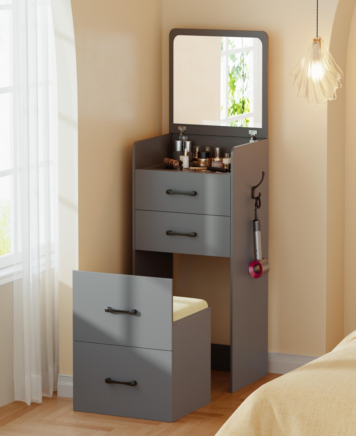 Vlsrka 1 designvanity, nightstand and chair are combined into a compact corner vanity-nightstand all one.
