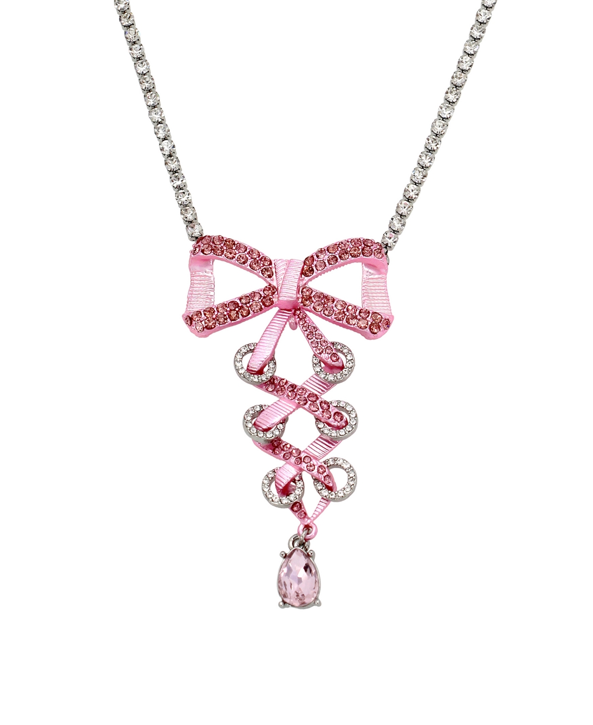 Betsey Johnson Faux Stone Fancy Bow Corset Pendant Necklace In Pink,hematite