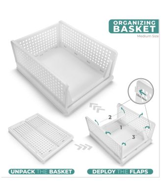 4 Tier Medium Open Front Plastic Stackable Baskets Stand - for closets, bedrooms, bathrooms, or pantries