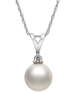image of Akoya Pearl (7mm) and Diamond Accent Pendant Necklace in 14k White Gold