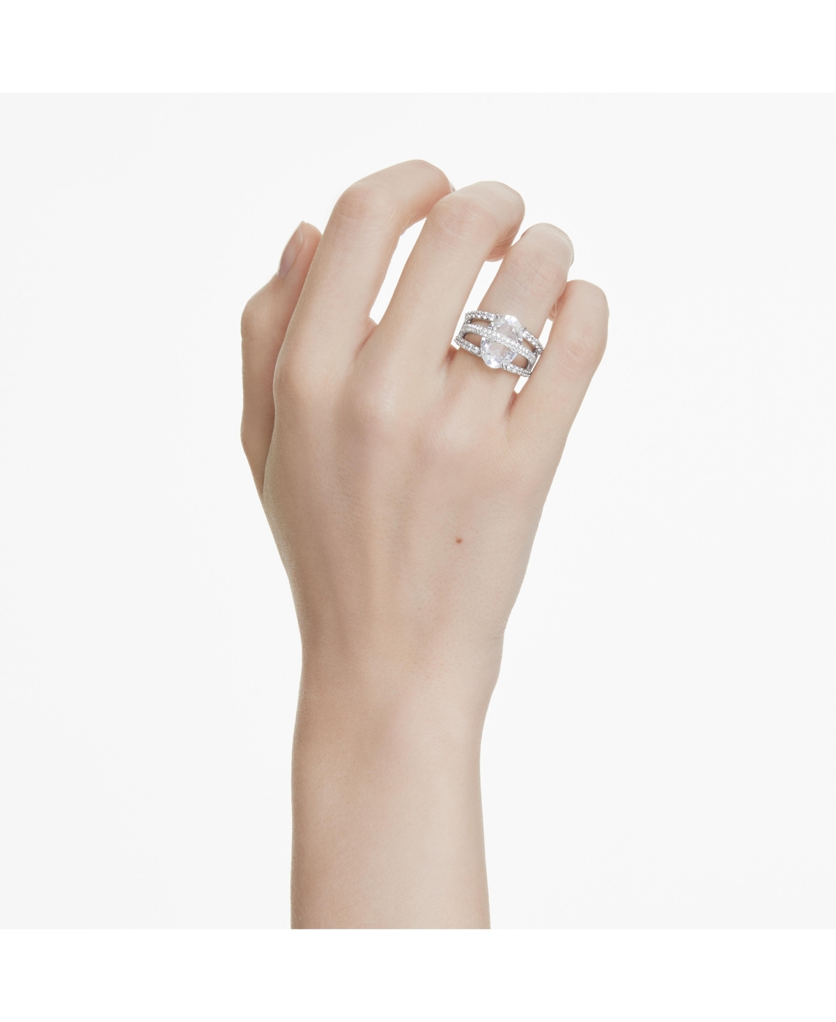 Swarovski Mixed Cuts Rhodium Plated Hyperbola Cocktail Ring In Silver