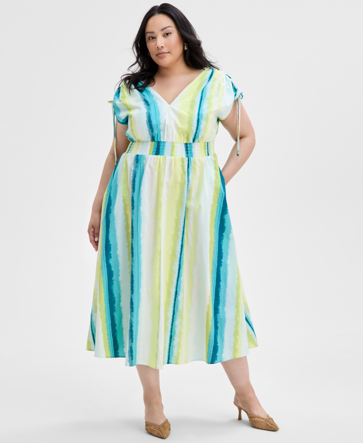 Plus Size Cotton Drawstring-Sleeve Midi Dress, Exclusively at Macy's - Layla Stripe