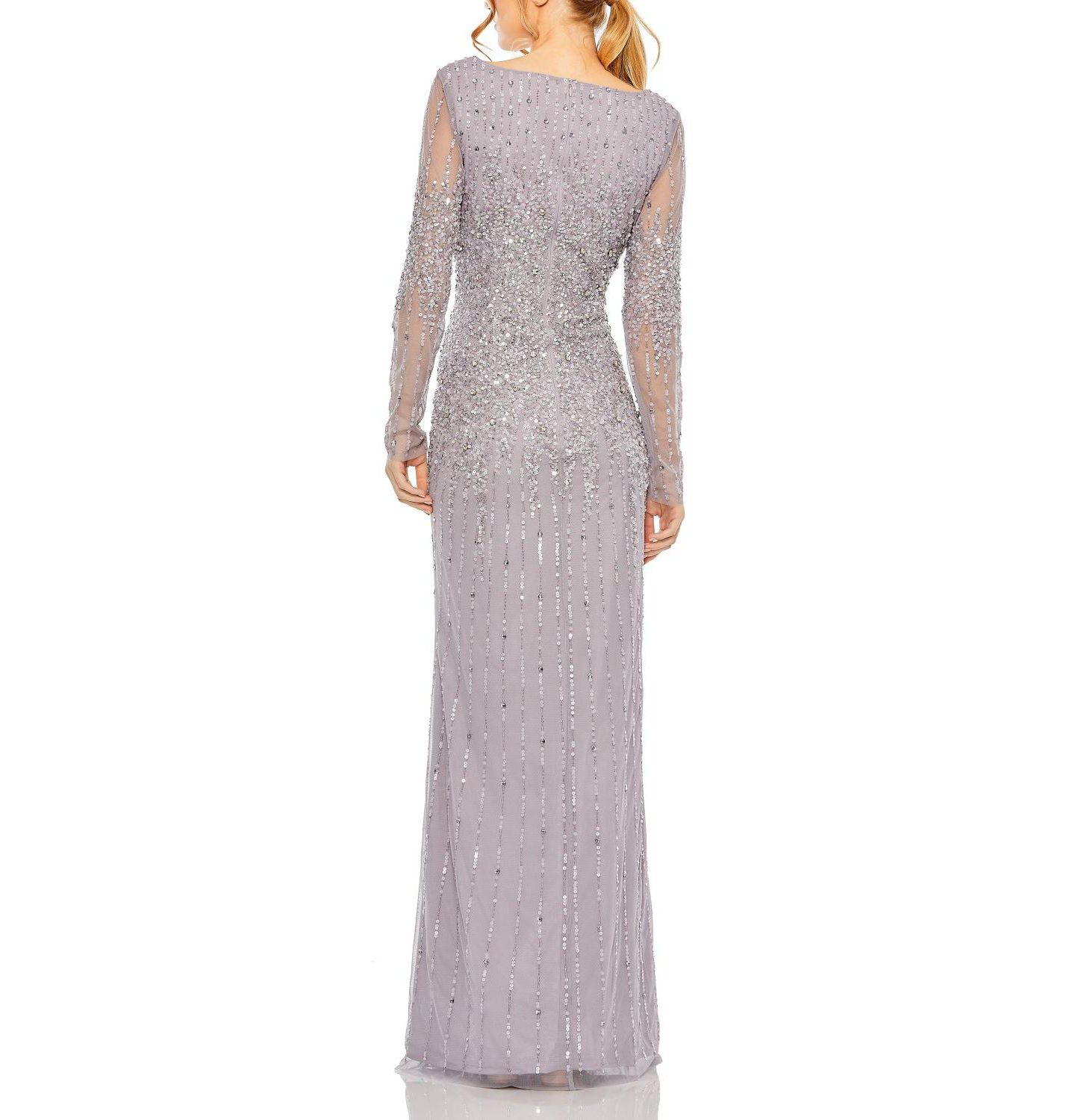 Женское платье Mac Duggal High Neck Sequin Embellished Long Sleeve A Line Gown, цвет: Винтажный сиреневый — фото 7
