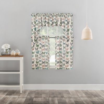 Magdalena Butterfly Print Sheer Rod Pocket Kitchen Curtain Tier Pair