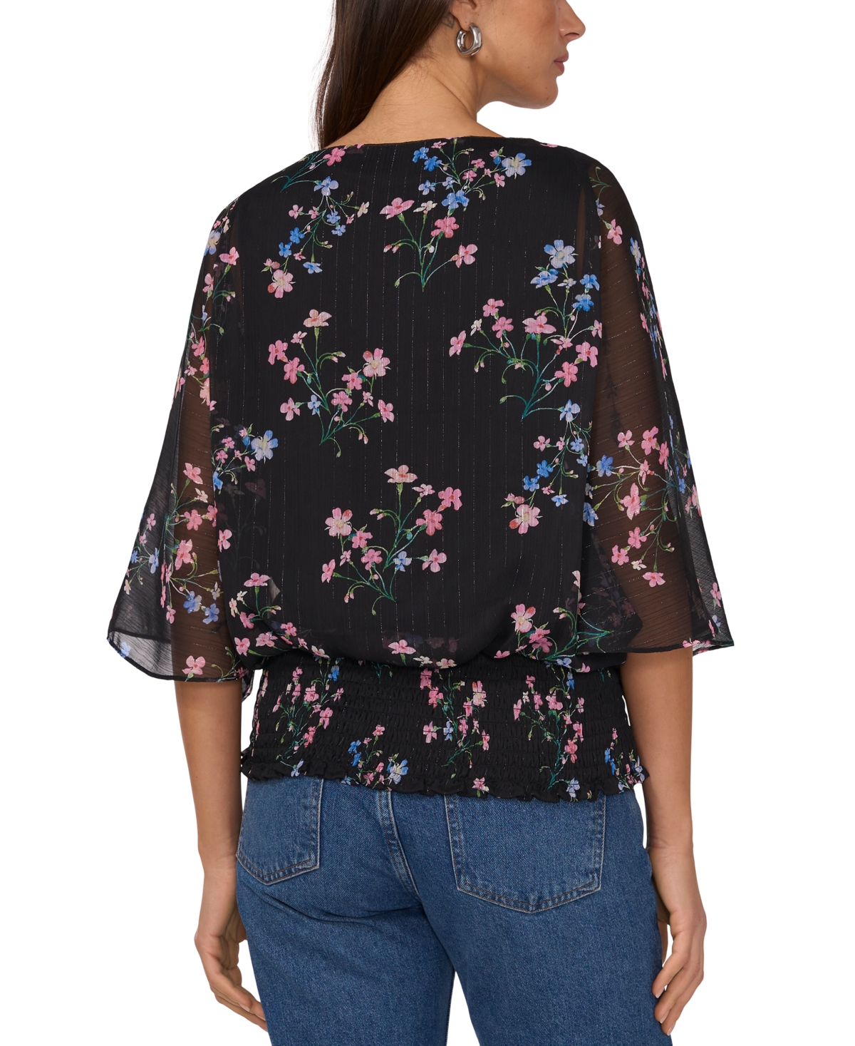 Sam & Jess Women's Flowy 3/4-Sleeve Smocked-Hem Top -pink