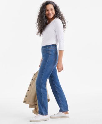 Petite Mid-Rise Pull-On Straight-Leg Jeans, Exclusively at Macy's