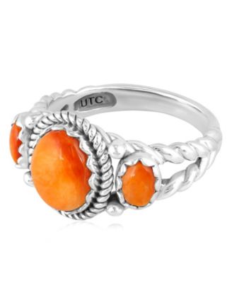 Sterling Silver Orange Spiny Oyster 3-Stone Ring, Size 5
