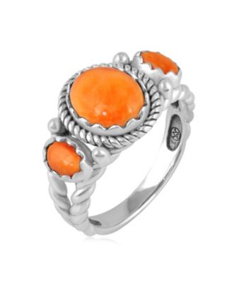 Sterling Silver Orange Spiny Oyster 3-Stone Ring, Size 7