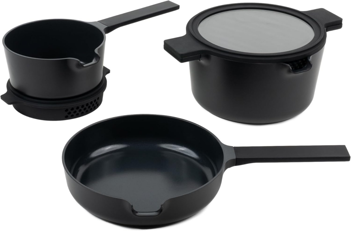 Alva Neat 1 Peach Nonstick Ceramic Cookware Set All One Space Saving Non Toxic Cookware Frying Pan, Sauce Pan, Dutch Oven & Coaster, Kitchen P