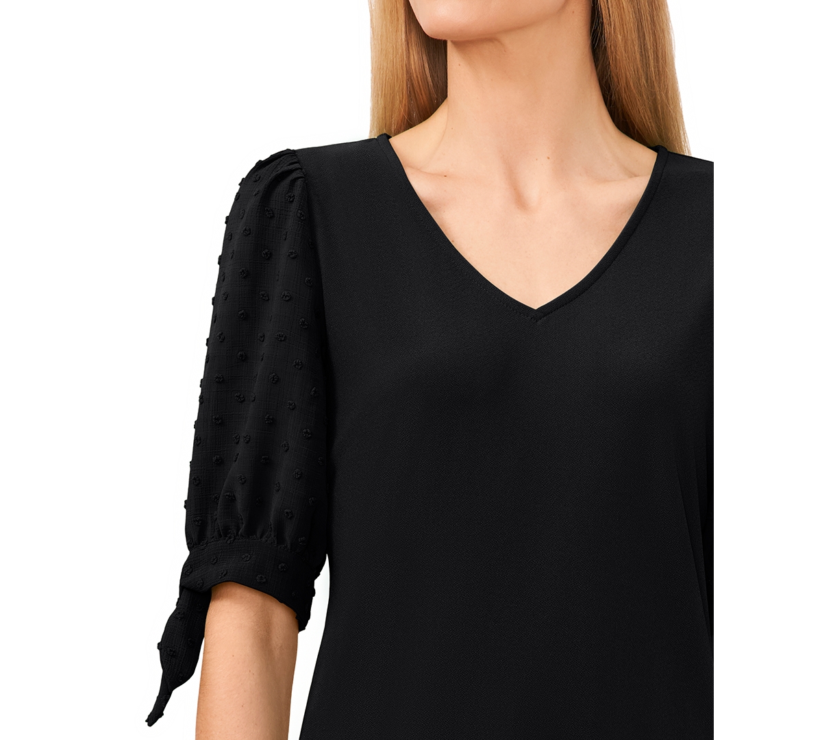 Shop Cece Women's Clip Dot Tie 3/4-sleeve V-neck Top In Rich Black