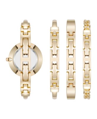 Women's Quartz White Enamel and Gold-Tone Metal Alloy Bangle Watch Set, 32mm