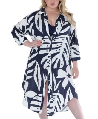 Plus Size Printed Button-Down Midi Cover-Up Dress