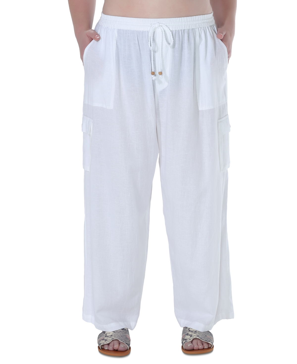 Plus Size High Rise Pull-On Cover-Up Cargo Pants - White