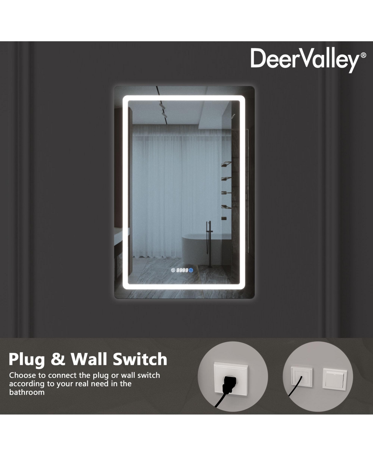 DeerValley 24'' W x 35'' H Anti-Fog Led Bathroom Mirror With Smart Dimmable And Time Mode Control Wall Mounted Vanity Mirror