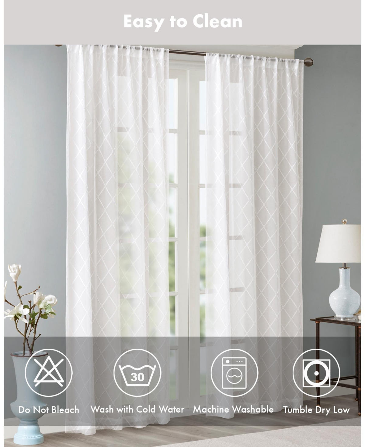 Madison Park Irina Diamond Sheer Window Curtain,Grey sheer curtains 95 inches long Single Curtain, Width 50 curtains sheer for Bedroom and Livi