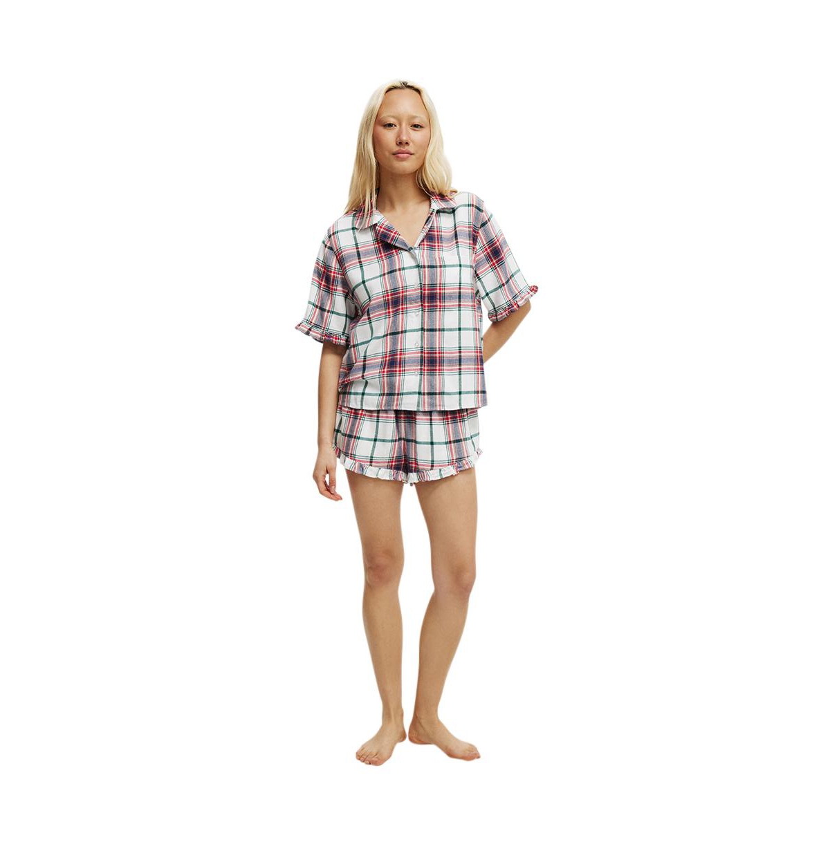 Cotton On Women's Flannel Short Sleeve Shirt And Short Sleep Set -navy/green/red