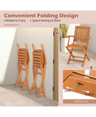 Patio Wood Folding Chair Set of 2 with Armrests and Slatted Seat