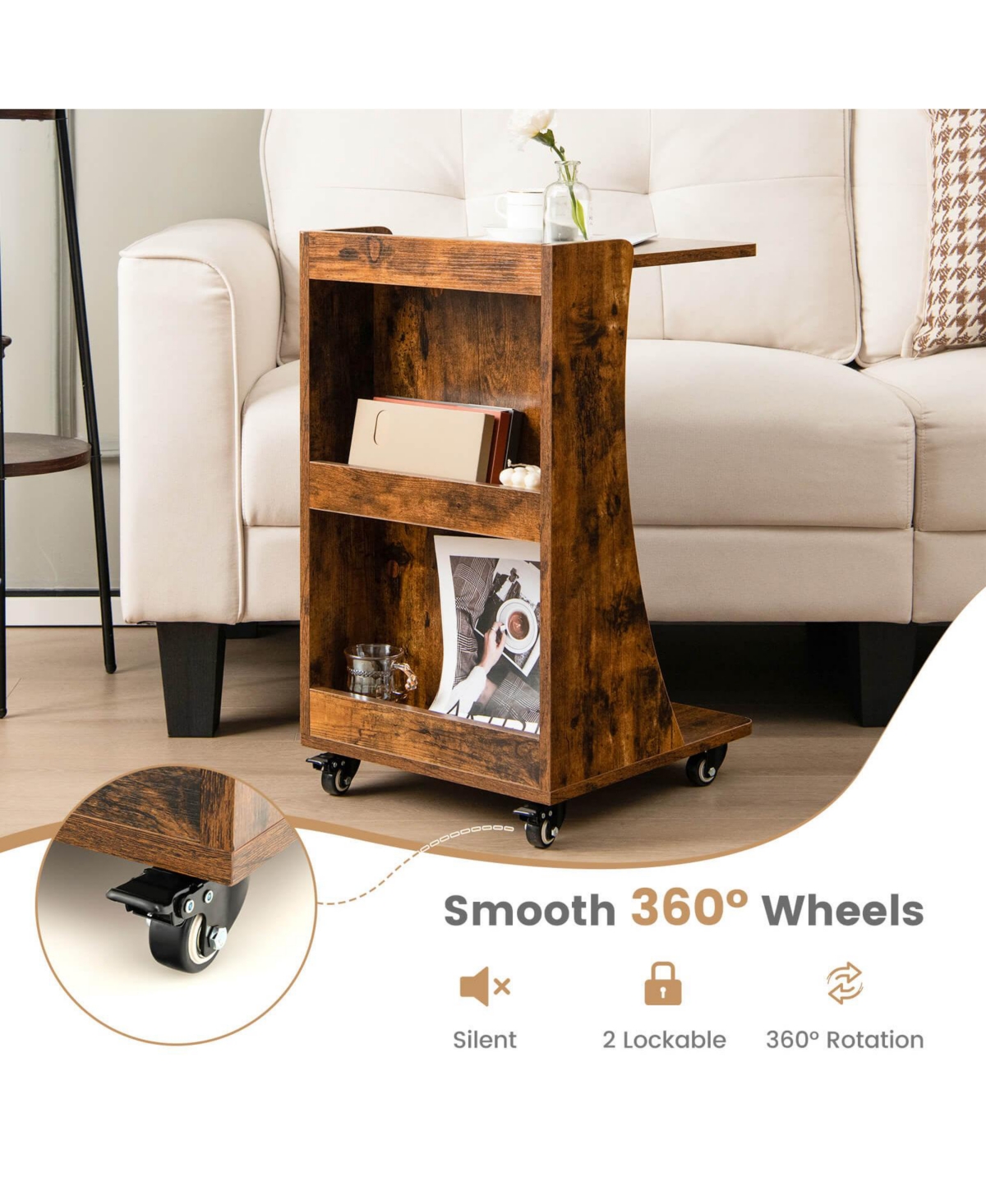 Gouun C-shaped Rolling End Side with Back Storage Shelves beside Sofa