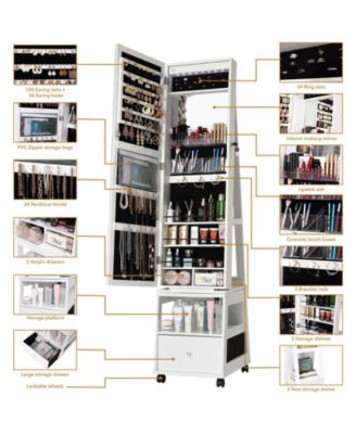 360° Swivel Jewelry Armoire with Full Length Mirror, LED Vanity Mirror with Jewelry Storage Drawer, Shelf, Wheels, Freestanding Lockable Jewelry Organizer for Bedroom