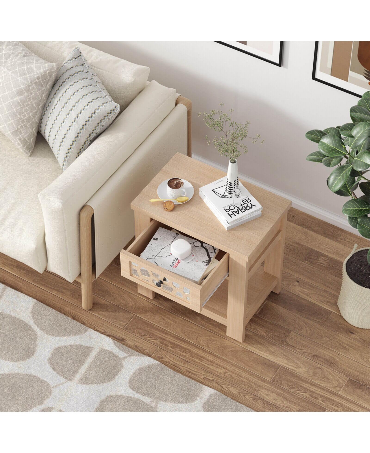Gouun Wood Retro End Table with Mirrored Glass Drawer and Open Storage Shelf