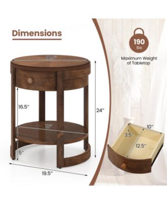 2-Tier Round End Table Mid Century Modern Nightstand with Drawer and Shelf