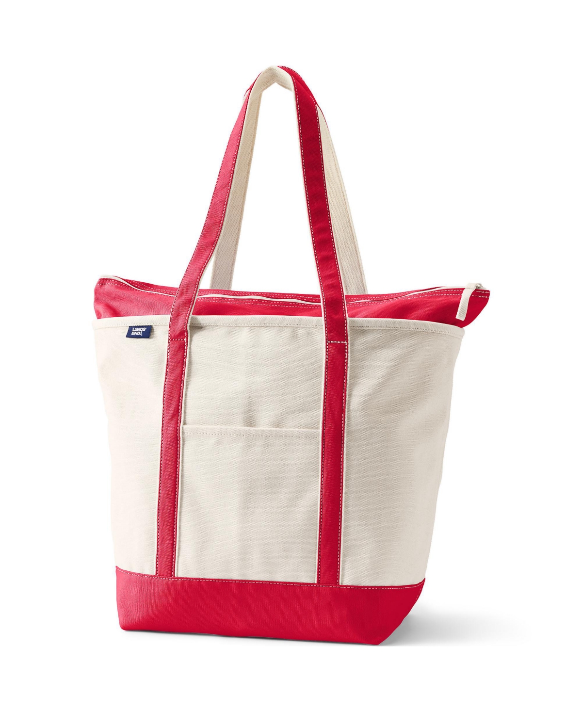 Lands' End Large5 Pocket Zip Top Long Handle Canvas Tote Bag - Natural/heritage red