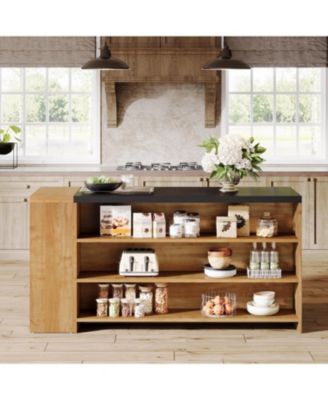 55" Kitchen Island with Storage, Farmhouse 5-Tier Stationary Island Table with 5 Shelves, Wood Coffee Bar Table Storage Cabinet with Large Countertop for Kitchen