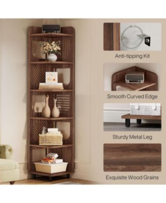 6-Tier Corner Shelf Stand, 71-Inch Rustic Tall Corner Bookshelf, Narrow Corner Bookcase, Corner Plant Stand Display Shelf Organizer