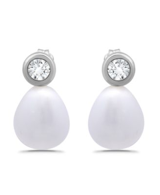 Teardrop Freshwater Cultured Pearl Cubic Zirconia Bezel Set Post Earrings