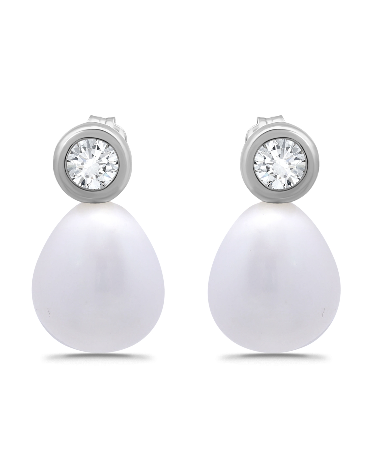 Macy's Teardrop Freshwater Cultured Pearl Cubic Zirconia Bezel Set Post Earrings In Silver