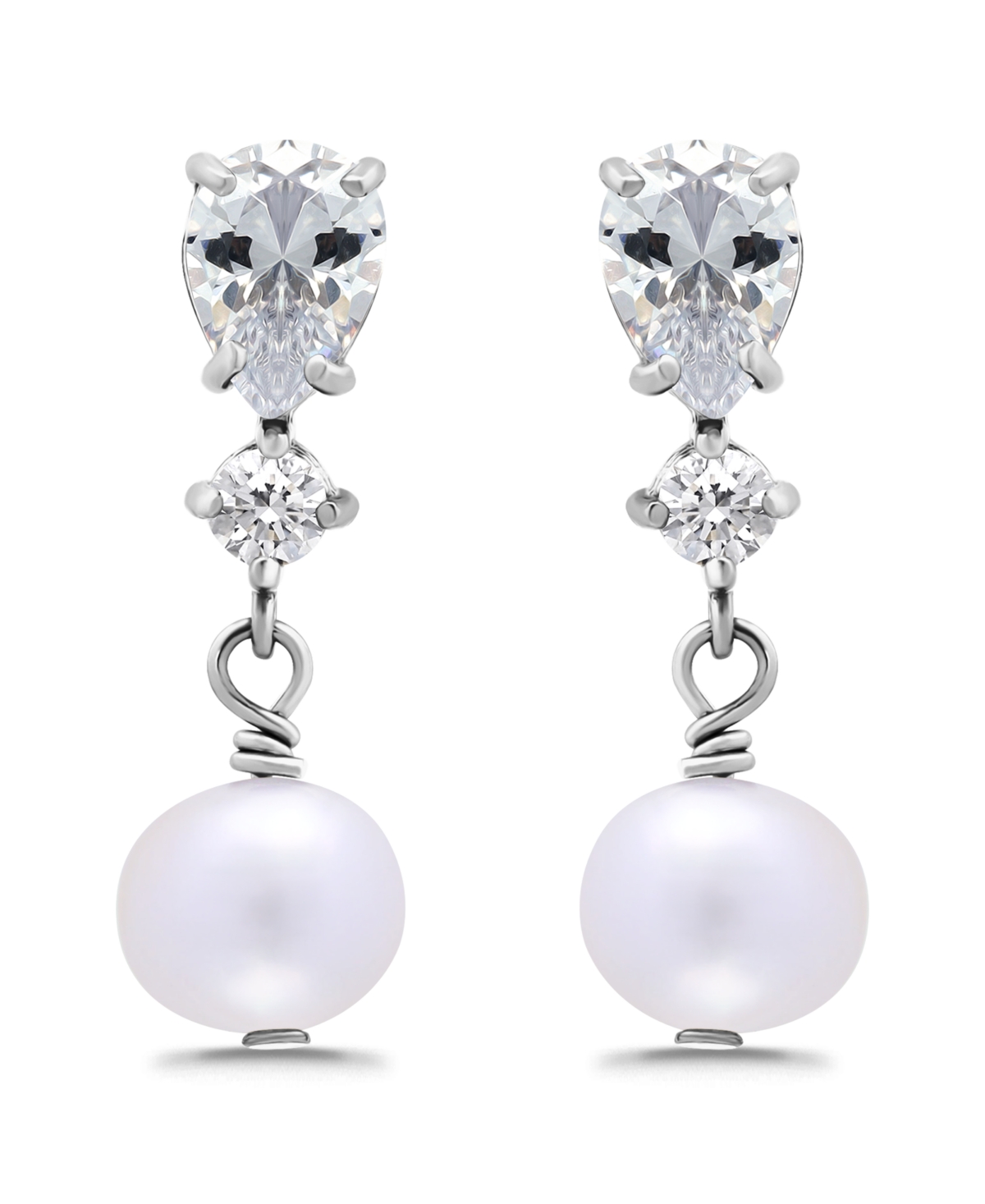 Macy's Freshwater Cultured Pearl Drop Cubic Zirconia Post Earrings In Silver