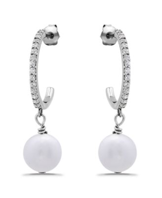 Freshwater Cultured Pearl Drop Cubic Zirconia Hoop Post Earrings