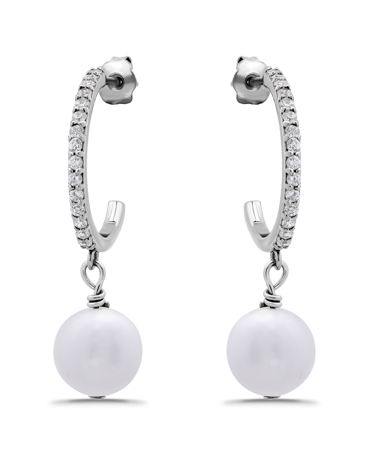Macy's Freshwater Cultured Pearl Drop Cubic Zirconia Hoop Post Earrings In Silver