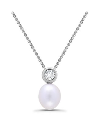 Teardrop Freshwater Cultured Pearl Round Cubic Zirconia Bezel Necklace