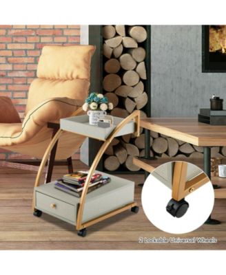 Modern 2-Tier Rolling End Table with Tray Top and Pull-Out Drawer
