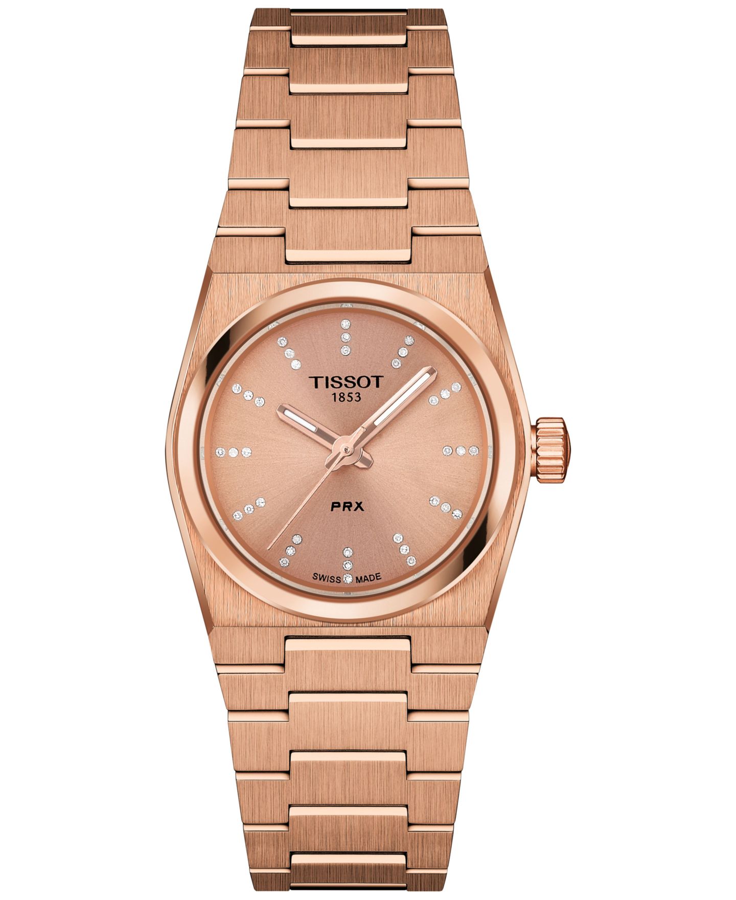 Женские часы Tissot Swiss PRX Diamond (1/20 ct. t.w.) Rose Gold-Tone Stainless Steel Bracelet Watch 25mm — фото 1